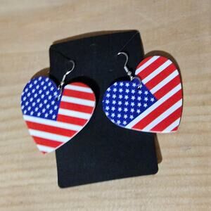 Boutique Faux Leather Heart-Shaped American Flag Dangle Earrings ~ Patriotic